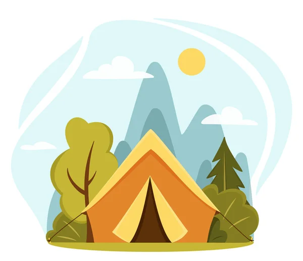 Concepto Campamento Verano Paisaje Ilustración Paisaje Día Soleado Estilo Plano — Vector de stock