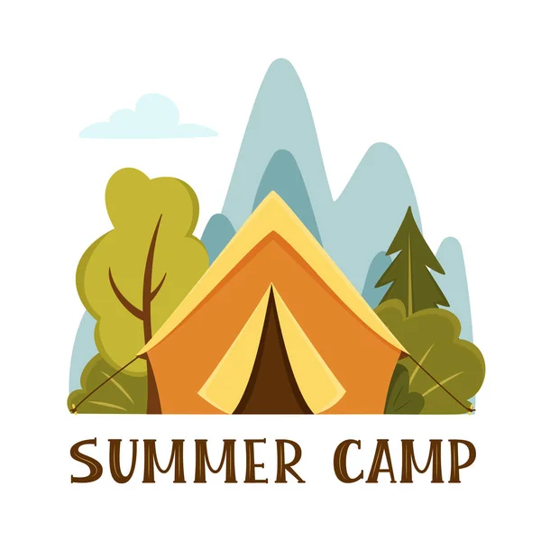 Yaz Kampı Konsepti Harf Işaretli Kamp Alanı Dağ Çadır Dağ — Stok Vektör