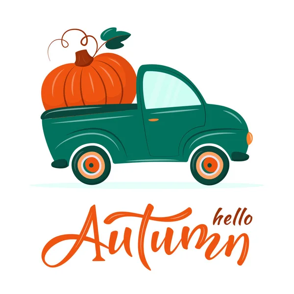 Tatlı retro vagon, büyük bir balkabağı getiriyor. Merhaba Autumn. Retro kamyon. Hasat ya da Şükran Günü konsepti. Çizgi film tarzında sonbahar vektör çizimi. Kart, pankart, davetiye.