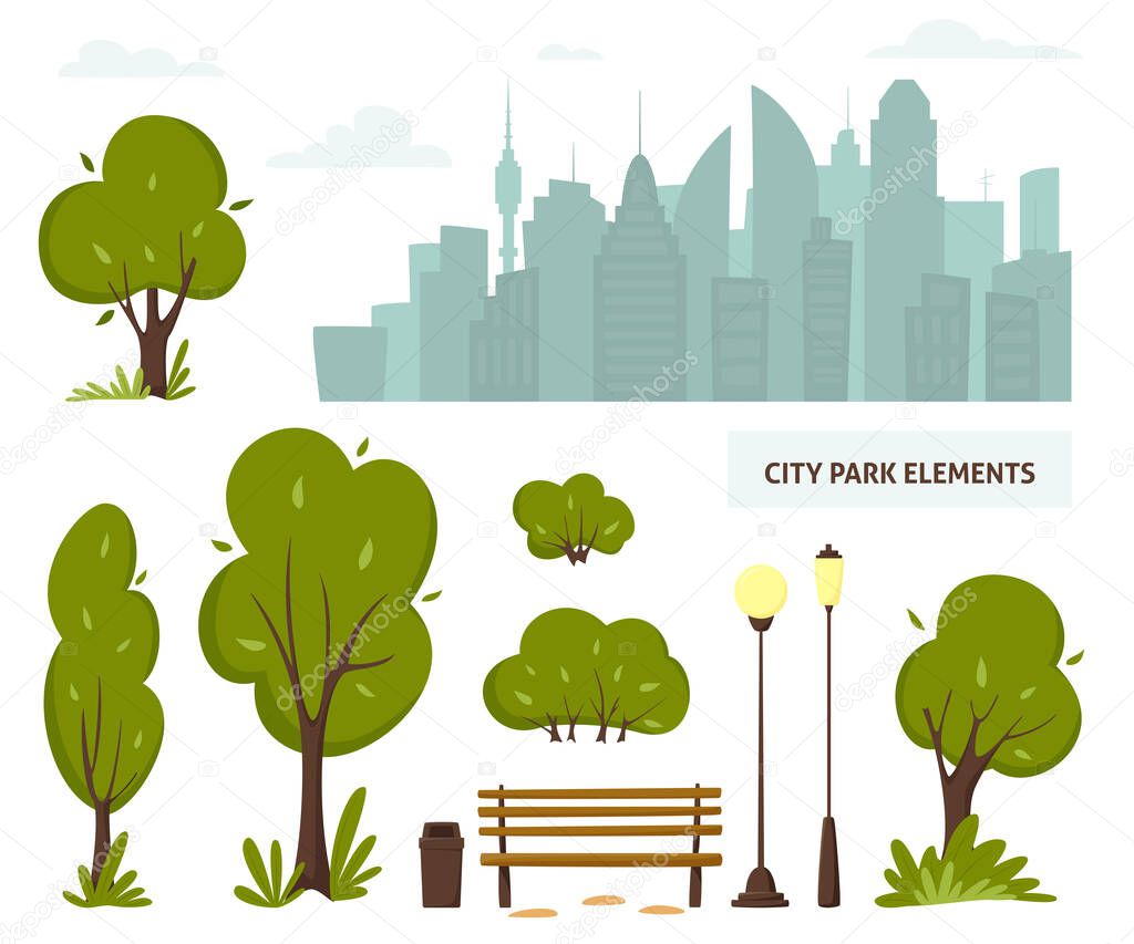 City park elements, streets and sidewalks. Urban outdoor decor: bench, lamps, trash box, trees and bushes, city silhouette. For construction of urban and village landscapes. Vector flat illustration.