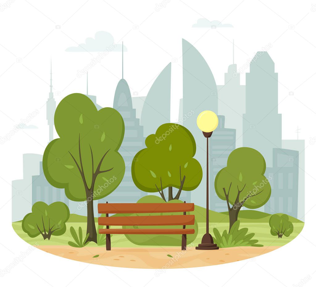 City summer park concept. Trees and bushes, park bench, walkway, lantern and city silhouette. Town and city park landscape, panoramic banner. Urban outdoor. Vector illustration in flat style.