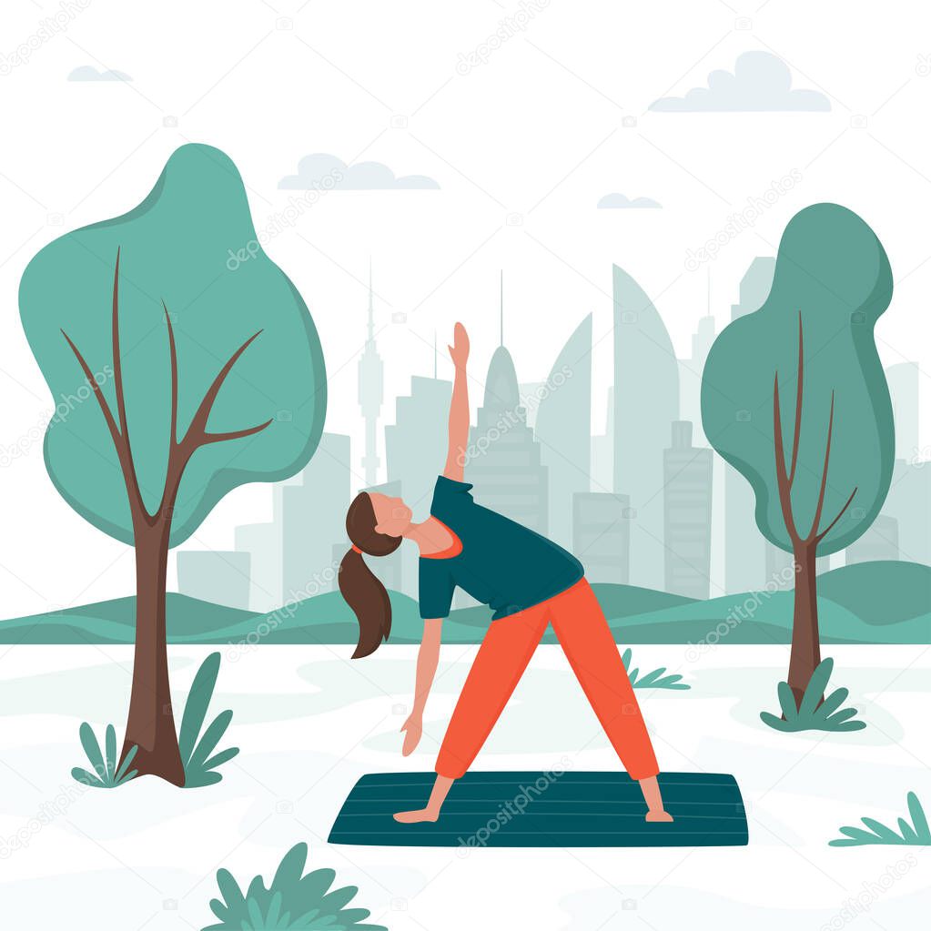 Happy woman in sportswear on outdoor yoga class in city park. Outdoor activity. Urban recreation concept, sport vector illustration.