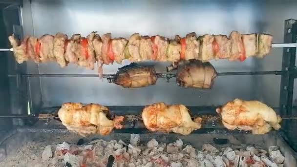 쇠고기, 양고기, 염소등으로 고기를 굽고 있는 BBQ 닭고기 — 비디오