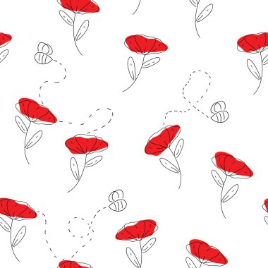 Arı ve çiçekleri çizen kusursuz el tekrarı. Tekstil, kağıt, kartlar ve web sayfası için güzel bir tasarım. Vektörsüz desen.