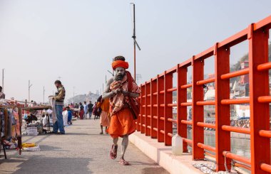 HARIDWAR, INDIA, FEBRUARY 2021: Kumbh festivaline katılan geleneksel safran elbiseli Hint Sadhu 'nun portresi. Maha Kumbh Mela her 12 yılda bir yapılan büyük bir hac yolculuğu..