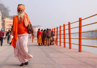 HARIDWAR, INDIA, FEBRUARY 2021: Kumbh festivaline katılan geleneksel safran elbiseli Hint Sadhu 'nun portresi. Maha Kumbh Mela her 12 yılda bir yapılan büyük bir hac yolculuğu..