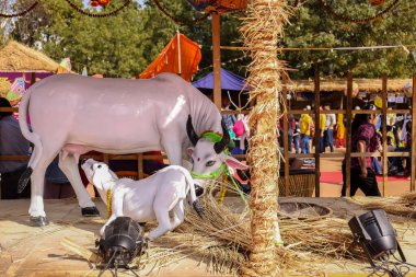 NEW DELHI, INDIA - FEBRUARY 2021: Yerel pazar mağazaları ile Hunar Haat fuarı manzarası ve salgın sırasında müşteri ve turistleri çekmek için renkli dekorasyon.