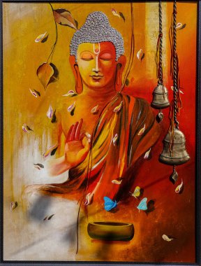 NEW DELHI, Hindistan - Şubat 2021: Hunar Haat fuarında çerçeveli bir Lord Buddha tablosu.