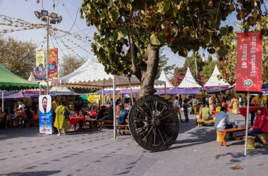 NEW DELHI, INDIA - FEBRUARY 2021: Hindistan 'daki kabile ve küçük topluluklardan el yapımı ürünlerini satmak için satıcılarla Hunar Haat fuarındaki pazar dükkanlarının manzarası.