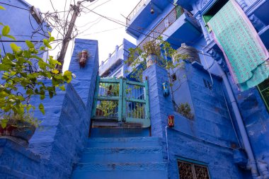 JODHPUR, RAJASTHAN, INDIA - HAZİRAN 2021: Mavi Jodhpur şehrinin parlak mavi renkli caddesi ve evleri.