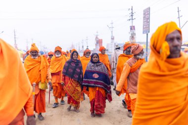 Prayagraj, Uttar Pradesh, Hindistan - 15 Ocak 2025: Mahakumbh, Pereagraj 'da kutsal hamama ibadet etmek ve ayinleri gerçekleştirmek için kumbh mela' ya katılan kutsal erkek ve kadın grubu.