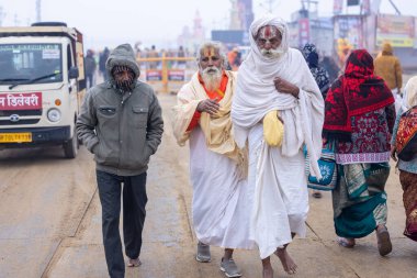 Prayagraj, Uttar Pradesh, Hindistan - 15 Ocak 2025: Mahakumbh, Pereagraj 'da kutsal hamama ibadet etmek ve ayinleri gerçekleştirmek için kumbh mela' ya katılan kutsal erkek ve kadın grubu.