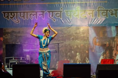 Puşkar, Rajasthan, Hindistan - 10 Kasım 2024: Pushkar fuarı sırasında geleneksel renkli etnik elbise ve mücevherlerle klasik dans yapan kadın sanatçı. Seçici odak.