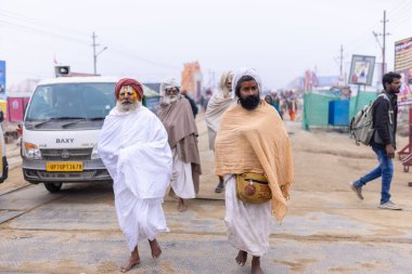 Prayagraj, Uttar Pradesh, Hindistan - 15 Ocak 2025: Mahakumbh, Pereagraj 'daki kumbh mela' ya katılan bir grup dindar, kış sabahı ibadet ve ayinleri gerçekleştirmek için.