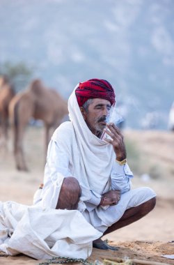 Puşkar, Rajasthan, Hindistan - 11 Kasım 2024: Geleneksel beyaz giysili rajasthani erkek portresi çöl panayırında renkli türbanla deve pazarında deve ticareti yaparken.