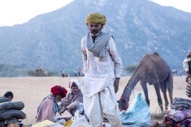 Puşkar, Rajasthan, Hindistan - 11 Kasım 2024: Geleneksel beyaz giysili rajasthani erkek portresi çöl panayırında renkli türbanla deve pazarında deve ticareti yaparken.