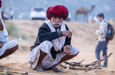 Puşkar, Rajasthan, Hindistan - 11 Kasım 2024: Geleneksel beyaz giysili rajasthani erkek portresi çöl panayırında renkli türbanla deve pazarında deve ticareti yaparken.