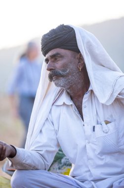 Puşkar, Rajasthan, Hindistan - 11 Kasım 2024: Geleneksel beyaz giysili rajasthani erkek portresi çöl panayırında renkli türbanla deve pazarında deve ticareti yaparken.