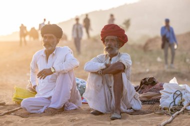 Puşkar, Rajasthan, Hindistan - 11 Kasım 2024: Geleneksel beyaz giysili rajasthani erkek portresi çöl panayırında renkli türbanla deve pazarında deve ticareti yaparken.