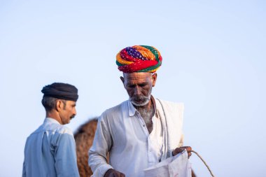 Puşkar, Rajasthan, Hindistan - 11 Kasım 2024: Geleneksel beyaz giysili rajasthani erkek portresi çöl panayırında renkli türbanla deve pazarında deve ticareti yaparken.