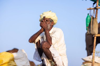Puşkar, Rajasthan, Hindistan - 11 Kasım 2024: Geleneksel beyaz giysili rajasthani erkek portresi çöl panayırında renkli türbanla deve pazarında deve ticareti yaparken.