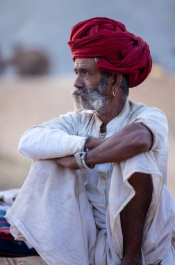 Puşkar, Rajasthan, Hindistan - 11 Kasım 2024: Geleneksel beyaz giysili rajasthani erkek portresi çöl panayırında renkli türbanla deve pazarında deve ticareti yaparken.