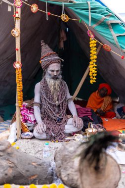 Prayagraj, Uttar Pradesh, Hindistan - 15 Ocak 2025: Mahakumbh, Kış sabahı ibadet ve ayinleri gerçekleştirmek için.