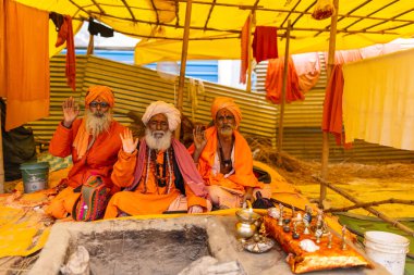Prayagraj, Uttar Pradesh, Hindistan - 15 Ocak 2025: Mahakumbh, erkek sadhu grubu, kış sabahları ibadet etmek ve ayinleri gerçekleştirmek için.