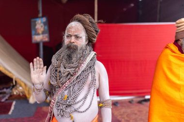 Prayagraj, Uttar Pradesh, Hindistan - 15 Ocak 2025: Mahakumbh, Kış sabahı ibadet ve ayinleri gerçekleştirmek için.