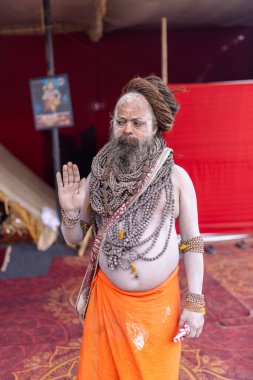 Prayagraj, Uttar Pradesh, Hindistan - 15 Ocak 2025: Mahakumbh, Kış sabahı ibadet ve ayinleri gerçekleştirmek için.