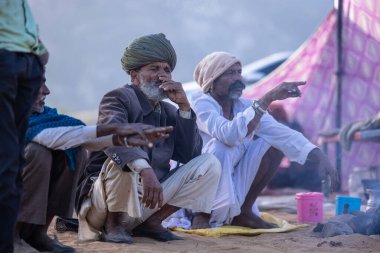 Puşkar, Rajasthan, Hindistan - 11 Kasım 2024: Geleneksel beyaz giysili rajasthani erkek portresi çöl panayırında renkli türbanla deve pazarında deve ticareti yaparken.