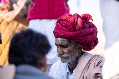 Puşkar, Rajasthan, Hindistan - 11 Kasım 2024: Geleneksel beyaz giysili rajasthani erkek portresi çöl panayırında renkli türbanla deve pazarında deve ticareti yaparken.