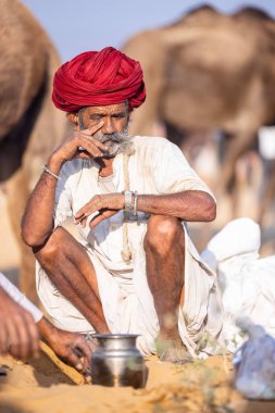 Puşkar, Rajasthan, Hindistan - 11 Kasım 2024: Çöldeki fuar alanında deve ticaret fuarı sırasında renkli türbanlı geleneksel beyaz giysili bir rajasthani erkeğinin portresi.