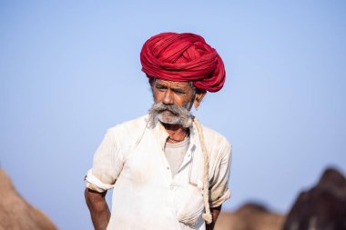 Puşkar, Rajasthan, Hindistan - 11 Kasım 2024: Çöldeki fuar alanında deve ticaret fuarı sırasında renkli türbanlı geleneksel beyaz giysili bir rajasthani erkeğinin portresi.