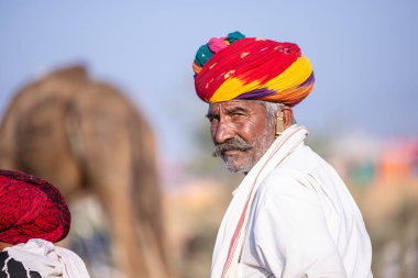 Puşkar, Rajasthan, Hindistan - 11 Kasım 2024: Çöldeki fuar alanında deve ticaret fuarı sırasında renkli türbanlı geleneksel beyaz giysili bir rajasthani erkeğinin portresi.