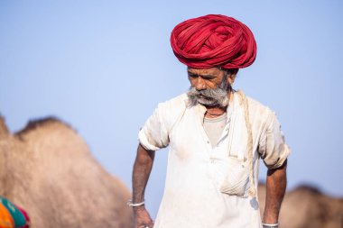 Puşkar, Rajasthan, Hindistan - 11 Kasım 2024: Çöldeki fuar alanında deve ticaret fuarı sırasında renkli türbanlı geleneksel beyaz giysili bir rajasthani erkeğinin portresi.