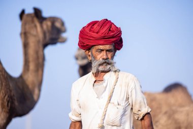 Puşkar, Rajasthan, Hindistan - 11 Kasım 2024: Çöldeki fuar alanında deve ticaret fuarı sırasında renkli türbanlı geleneksel beyaz giysili bir rajasthani erkeğinin portresi.