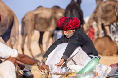 Puşkar, Rajasthan, Hindistan - 11 Kasım 2024: Çöldeki fuar alanında deve ticaret fuarı sırasında renkli türbanlı geleneksel beyaz giysili bir rajasthani erkeğinin portresi.