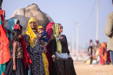Puşkar, Rajasthan, Hindistan - 11 Kasım 2024: Kimliği belirlenemeyen Hintli Rajasthani kadınlarından oluşan bir grup kış sabahı Pushkar Camel Panayırı 'nda geleneksel renkli elbiseler giyiyor.
