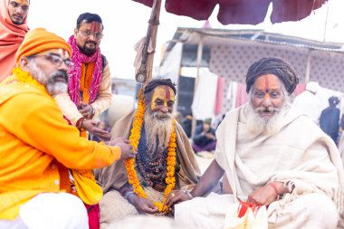 Prayagraj, Uttar Pradesh, Hindistan - 15 Ocak 2025: Mahakumbh, bir grup kutsal erkek sadhu namaz kılmak ve kış sabahı ayinlerini gerçekleştirmek için.