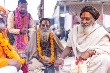 Prayagraj, Uttar Pradesh, Hindistan - 15 Ocak 2025: Mahakumbh, bir grup kutsal erkek sadhu namaz kılmak ve kış sabahı ayinlerini gerçekleştirmek için.