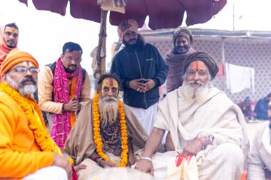 Prayagraj, Uttar Pradesh, Hindistan - 15 Ocak 2025: Mahakumbh, bir grup kutsal erkek sadhu namaz kılmak ve kış sabahı ayinlerini gerçekleştirmek için.