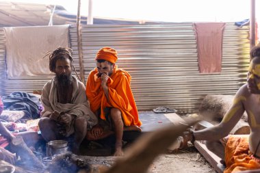 Prayagraj, Uttar Pradesh, Hindistan - 15 Ocak 2025: Mahakumbh, bir grup kutsal erkek sadhu namaz kılmak ve kış sabahı ayinlerini gerçekleştirmek için.