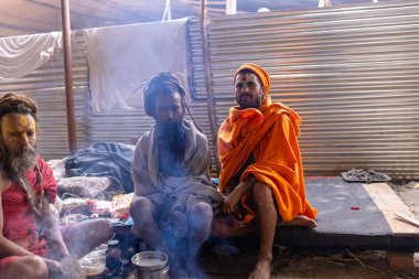 Prayagraj, Uttar Pradesh, Hindistan - 15 Ocak 2025: Mahakumbh, bir grup kutsal erkek sadhu namaz kılmak ve kış sabahı ayinlerini gerçekleştirmek için.