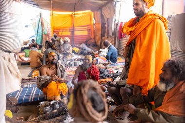 Prayagraj, Uttar Pradesh, Hindistan - 15 Ocak 2025: Mahakumbh, bir grup kutsal erkek sadhu namaz kılmak ve kış sabahı ayinlerini gerçekleştirmek için.