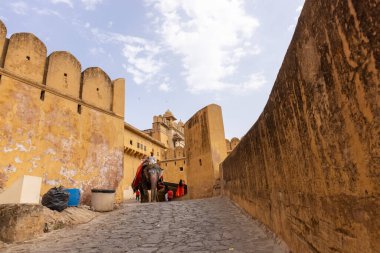 Jaipur 'daki kehribar kalesinde madalyalı file binen kimliği belirsiz bir turist. Arkaplanda Amber Kalesi 'nin mimari görünümü.