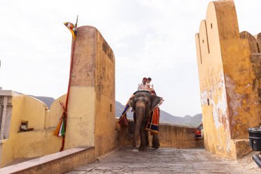 Jaipur 'daki kehribar kalesinde madalyalı file binen kimliği belirsiz bir turist. Arkaplanda Amber Kalesi 'nin mimari görünümü.