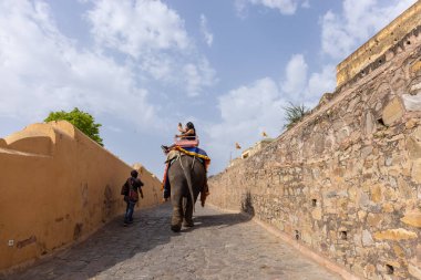 Jaipur 'daki kehribar kalesinde madalyalı file binen kimliği belirsiz bir turist. Arkaplanda Amber Kalesi 'nin mimari görünümü.
