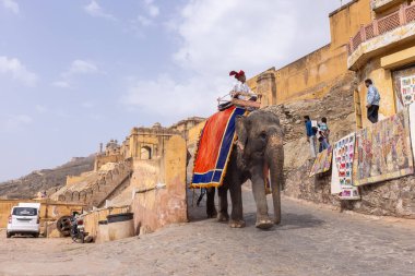 Jaipur 'daki kehribar kalesinde madalyalı file binen kimliği belirsiz bir turist. Arkaplanda Amber Kalesi 'nin mimari görünümü.