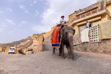 Jaipur 'daki kehribar kalesinde madalyalı file binen kimliği belirsiz bir turist. Arkaplanda Amber Kalesi 'nin mimari görünümü.